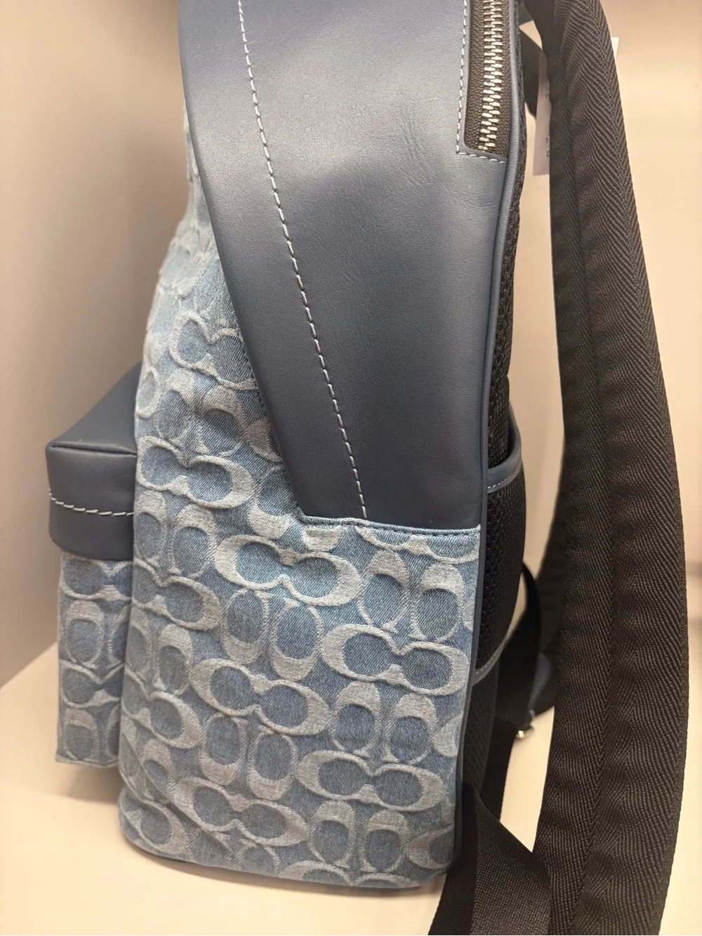 Coach Light Blue denim Signature Jacquard Backpack with Slate Trim blue leather